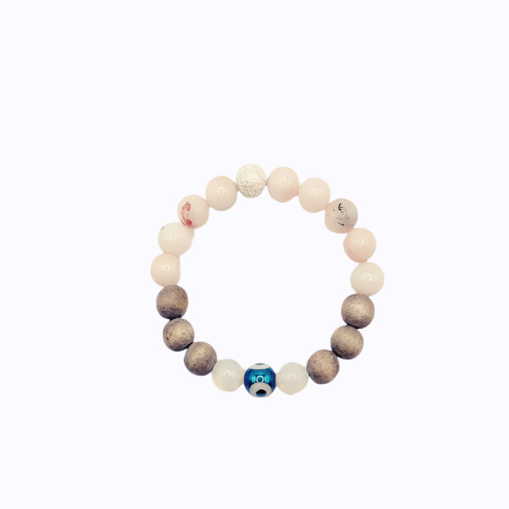 The Evil Eye Wood Bracelet: Moon Opalite and Rose Quartz Bead
