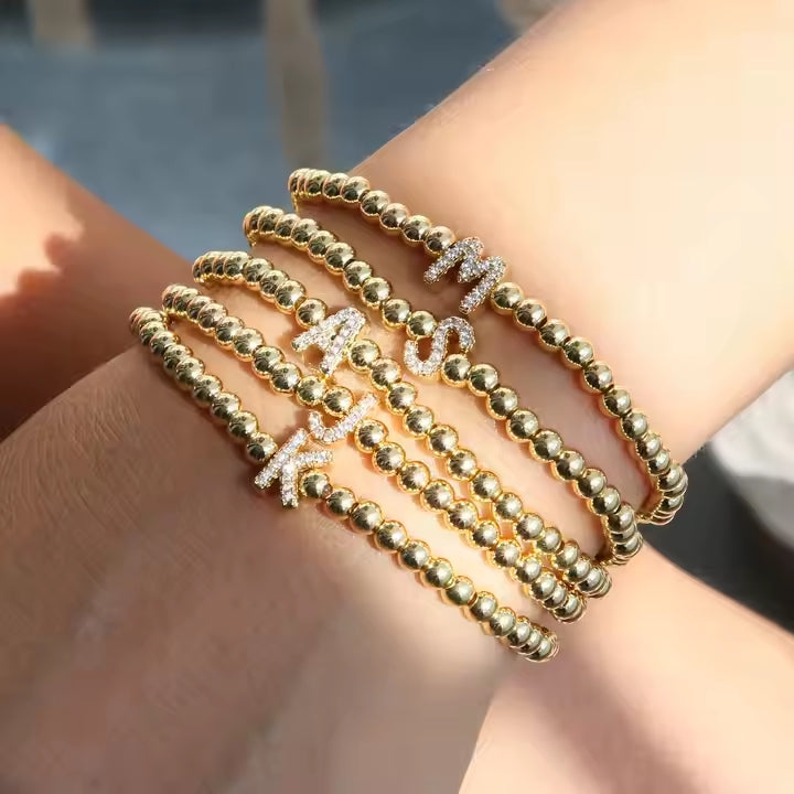 Alphabet Letter Pave Gold Bead Bracelet