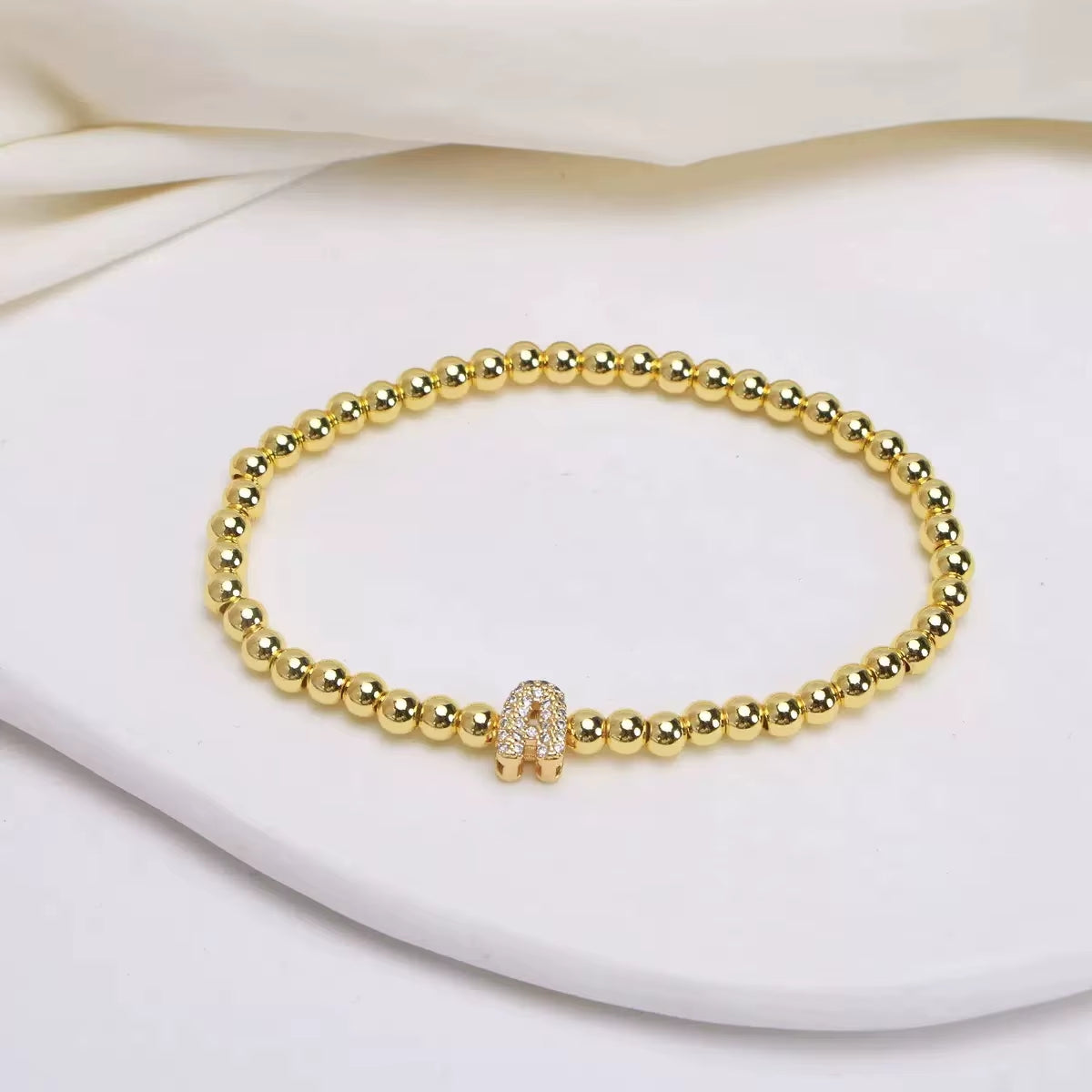 Alphabet Letter Pave Gold Bead Bracelet