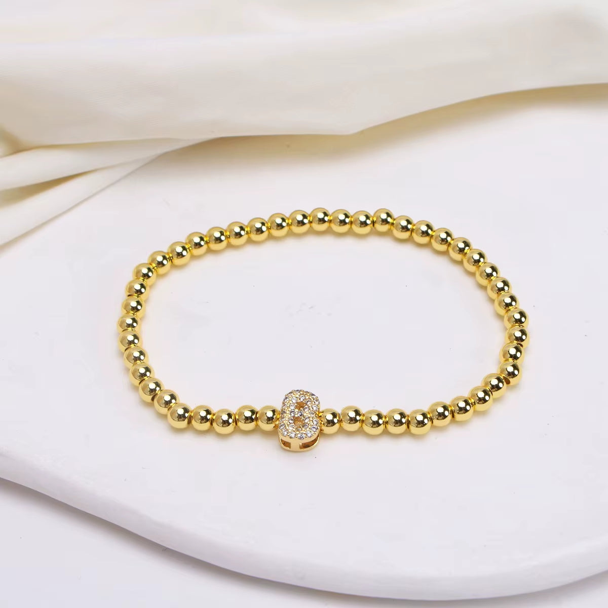 Alphabet Letter Pave Gold Bead Bracelet