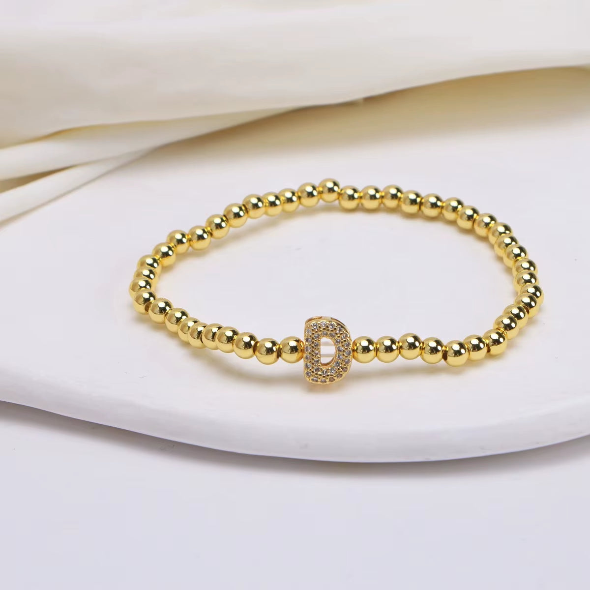 Alphabet Letter Pave Gold Bead Bracelet