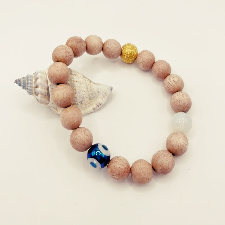 Bracelet en bois contre le mauvais œil : Opalite de lune