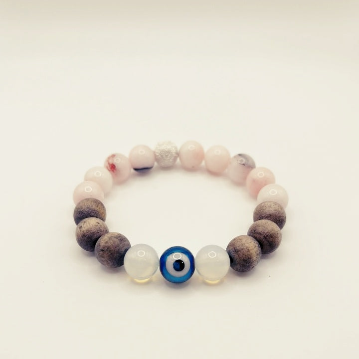 Bracelet en bois contre le mauvais œil : perle en opalite de lune et quartz rose