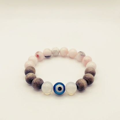 Bracelet en bois contre le mauvais œil : perle en opalite de lune et quartz rose