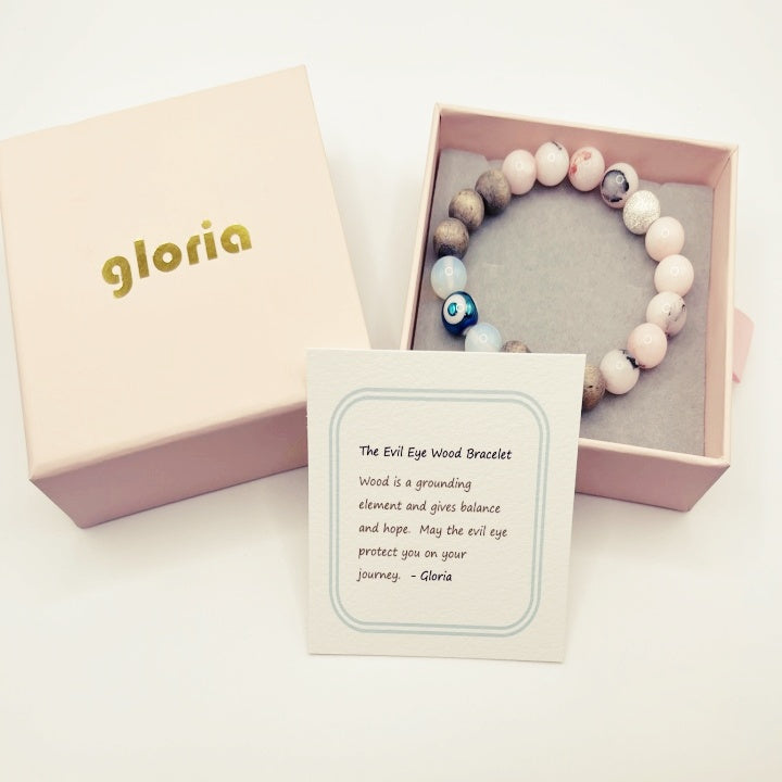 Bracelet en bois contre le mauvais œil : perle en opalite de lune et quartz rose