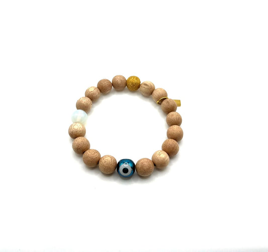 The Evil Eye Wood Bracelet:  Moon Opalite