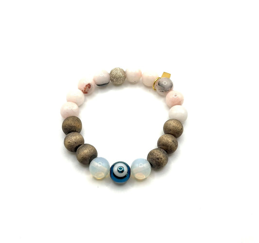 The Evil Eye Wood Bracelet:  Moon Opalite and Rose Quartz Bead