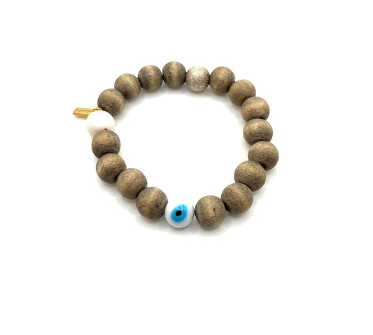 The Evil Eye Wood Bracelet:  Rose Quartz