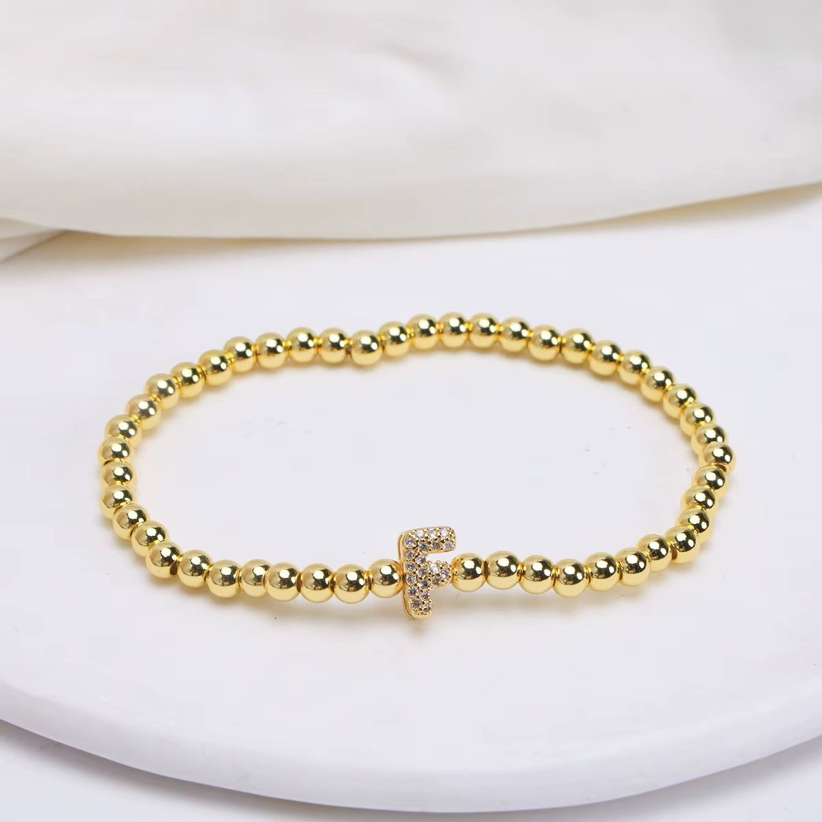 Alphabet Letter Pave Gold Bead Bracelet