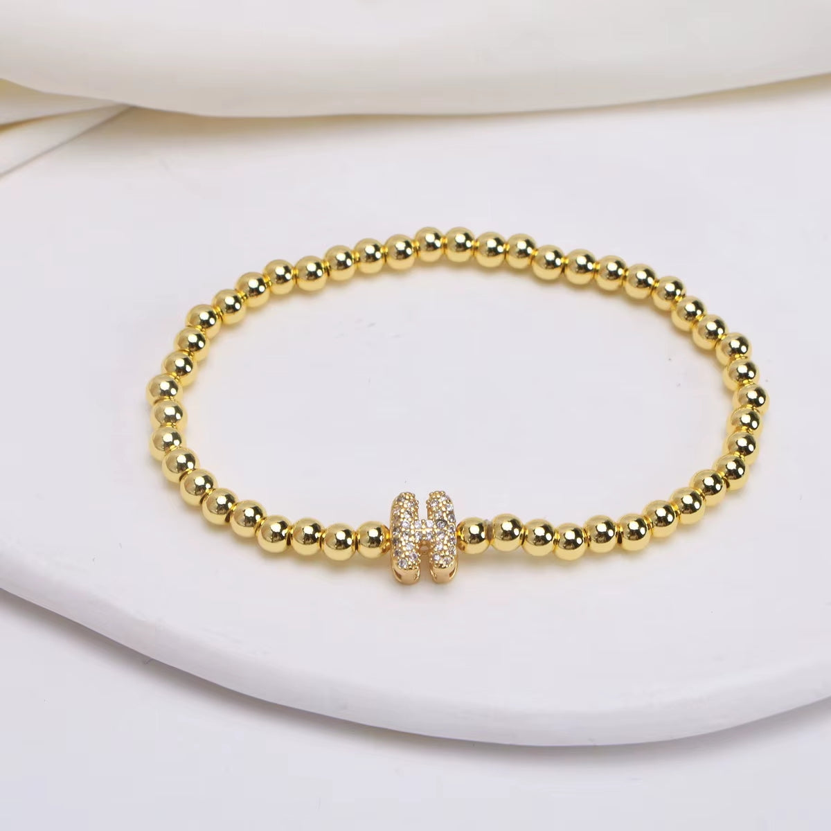 Alphabet Letter Pave Gold Bead Bracelet