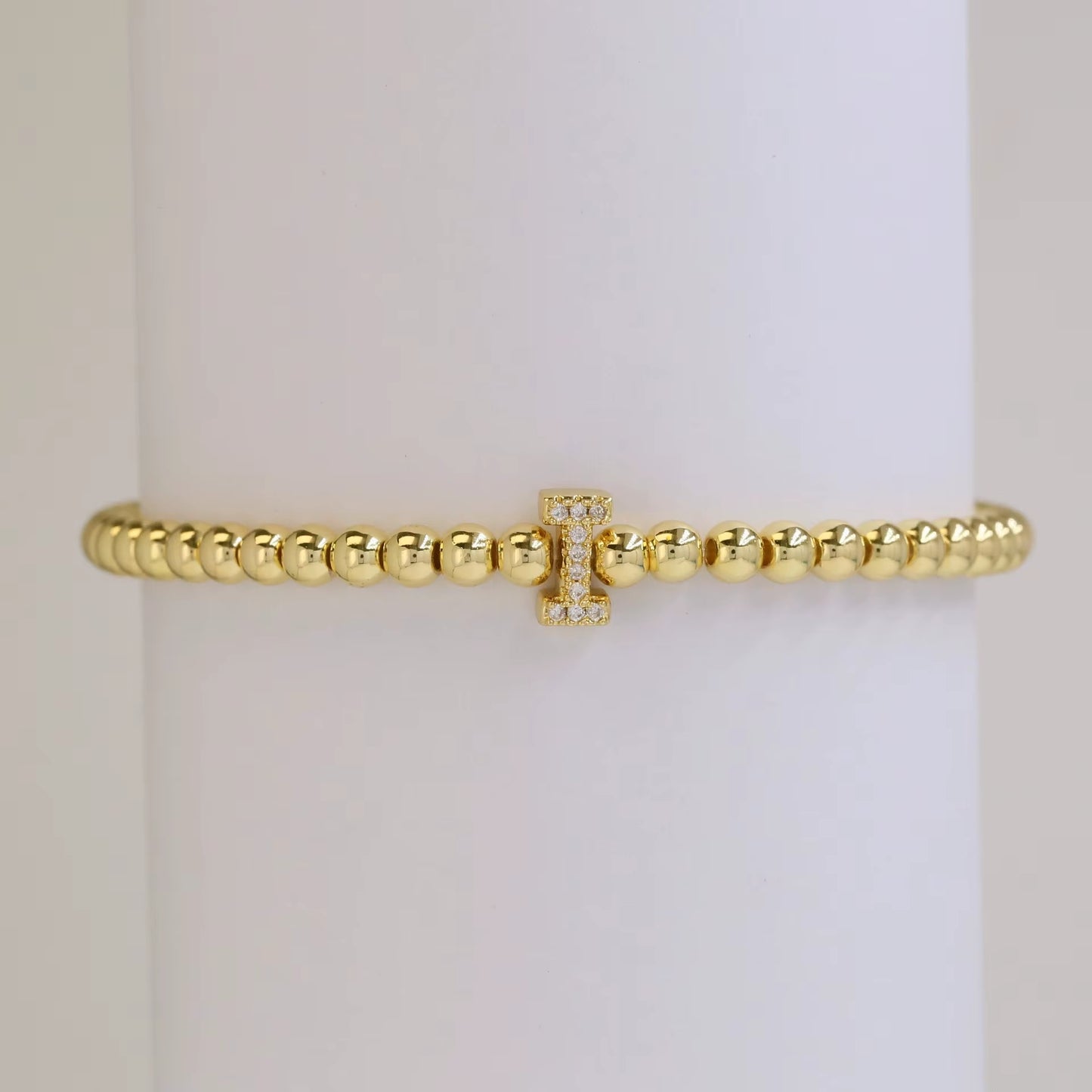 Alphabet Letter Pave Gold Bead Bracelet