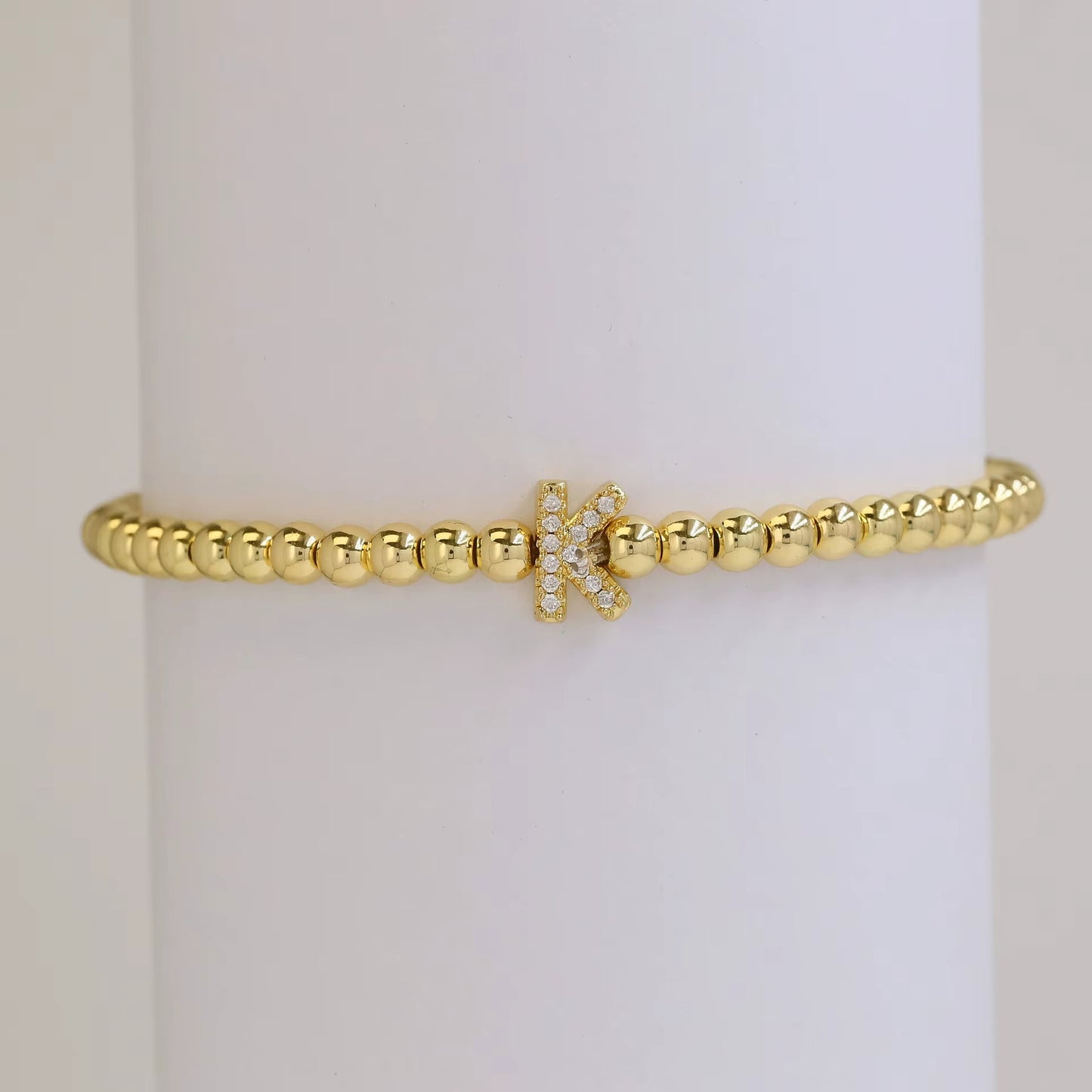 Alphabet Letter Pave Gold Bead Bracelet