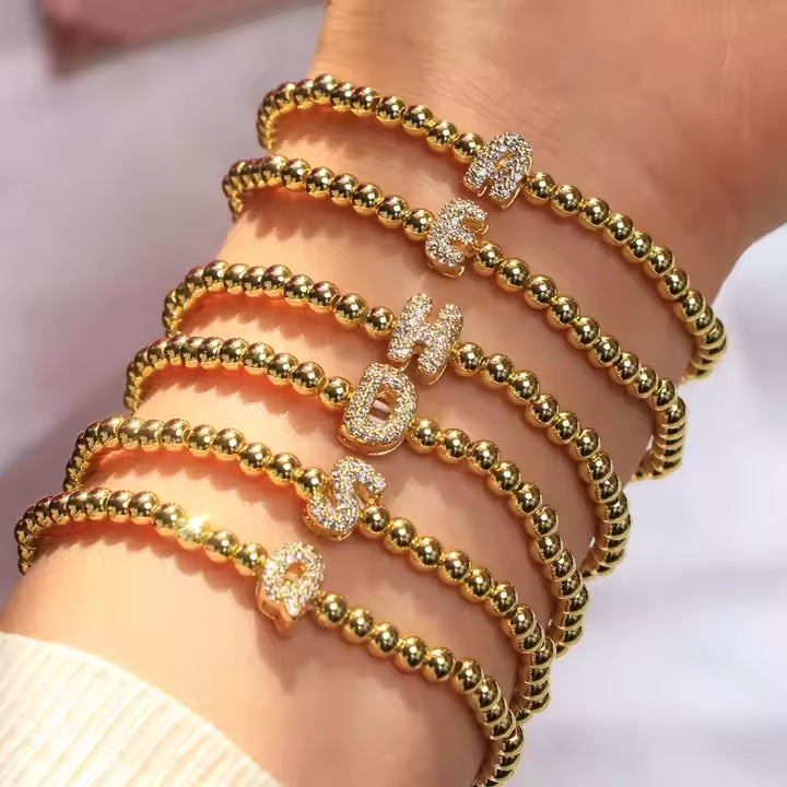 Alphabet Letter Pave Gold Bead Bracelet