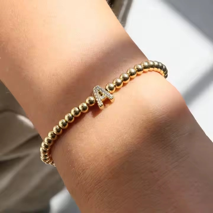 Alphabet Letter Pave Gold Bead Bracelet
