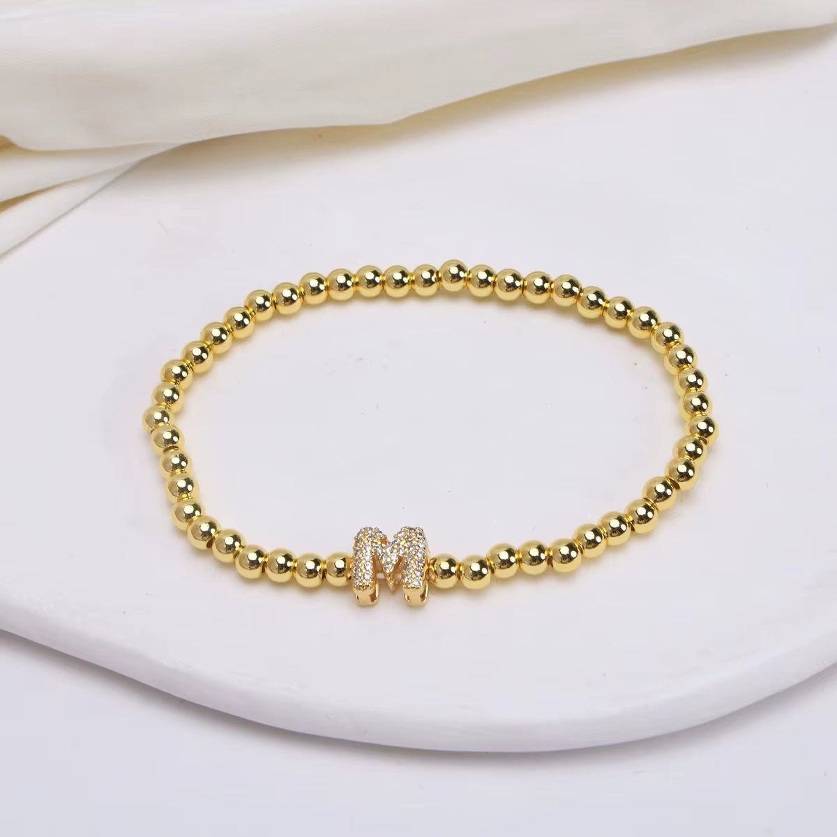 Alphabet Letter Pave Gold Bead Bracelet