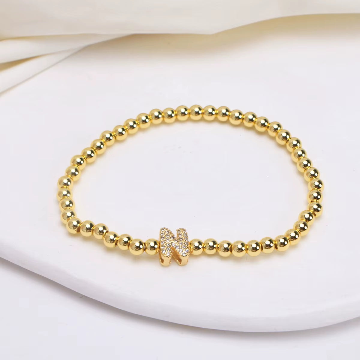 Alphabet Letter Pave Gold Bead Bracelet
