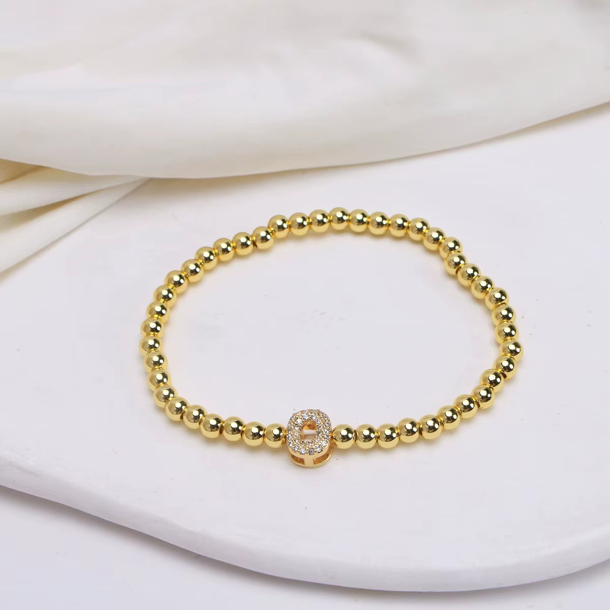 Alphabet Letter Pave Gold Bead Bracelet