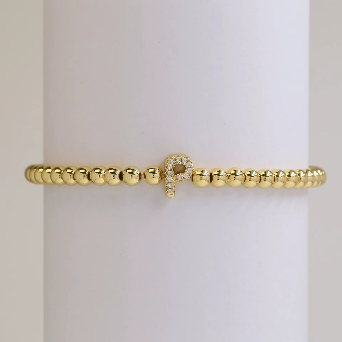 Alphabet Letter Pave Gold Bead Bracelet