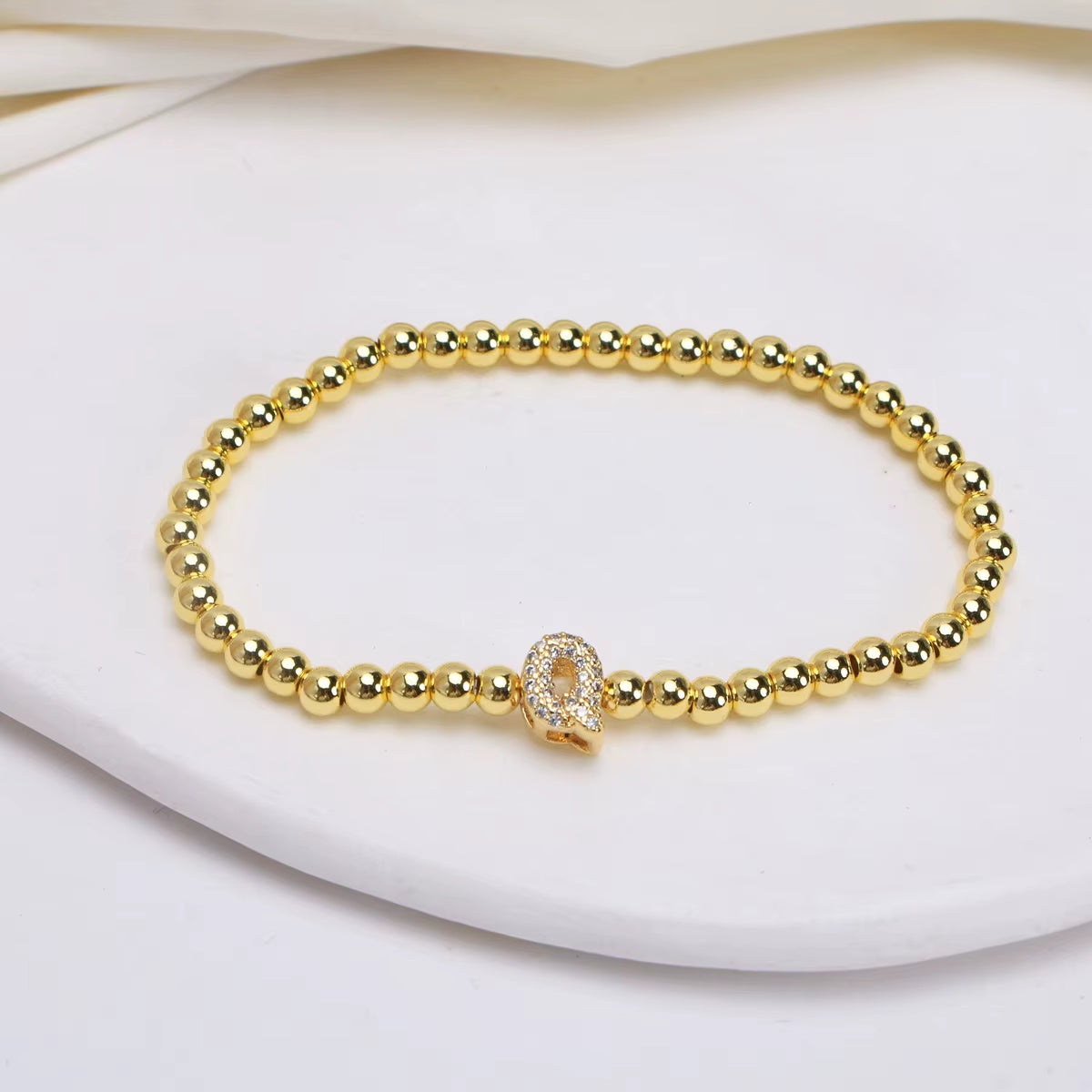 Alphabet Letter Pave Gold Bead Bracelet