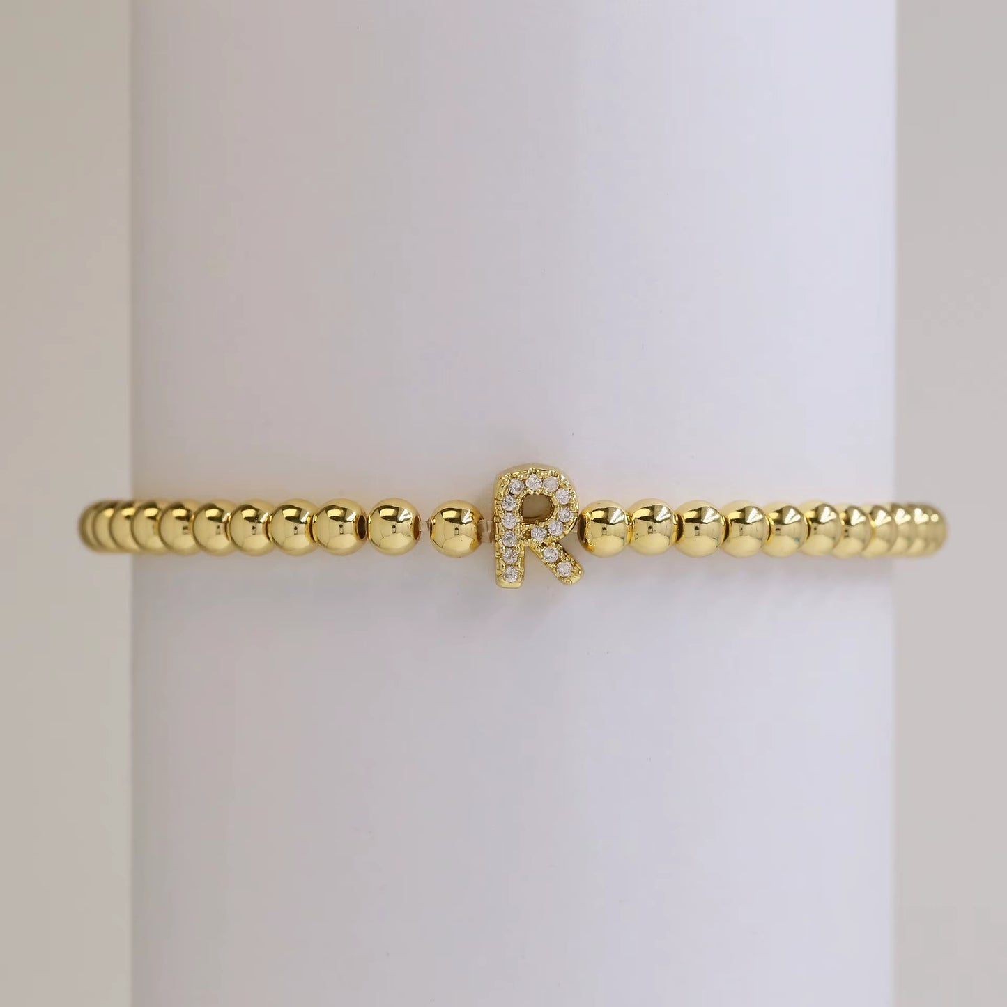 Alphabet Letter Pave Gold Bead Bracelet
