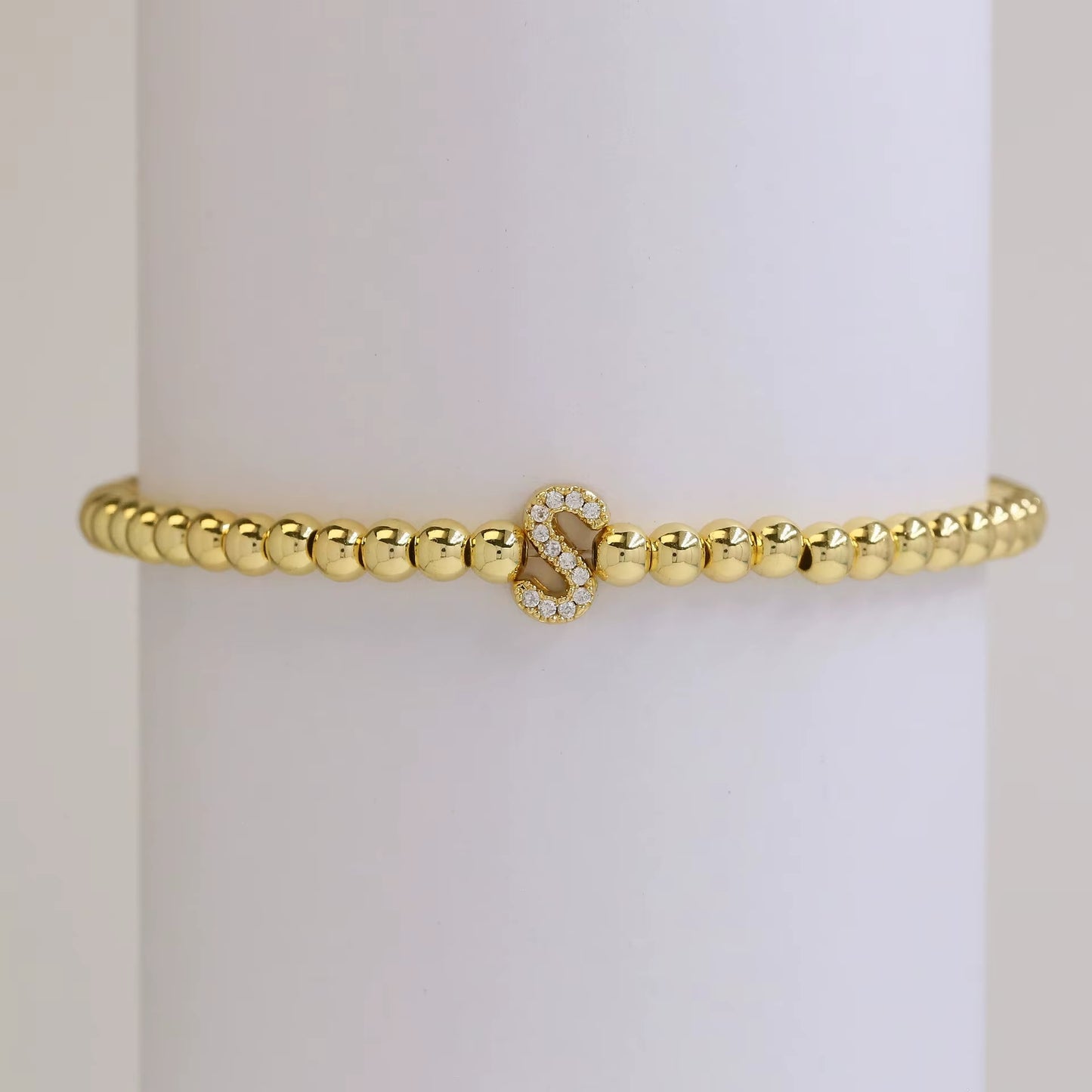 Alphabet Letter Pave Gold Bead Bracelet