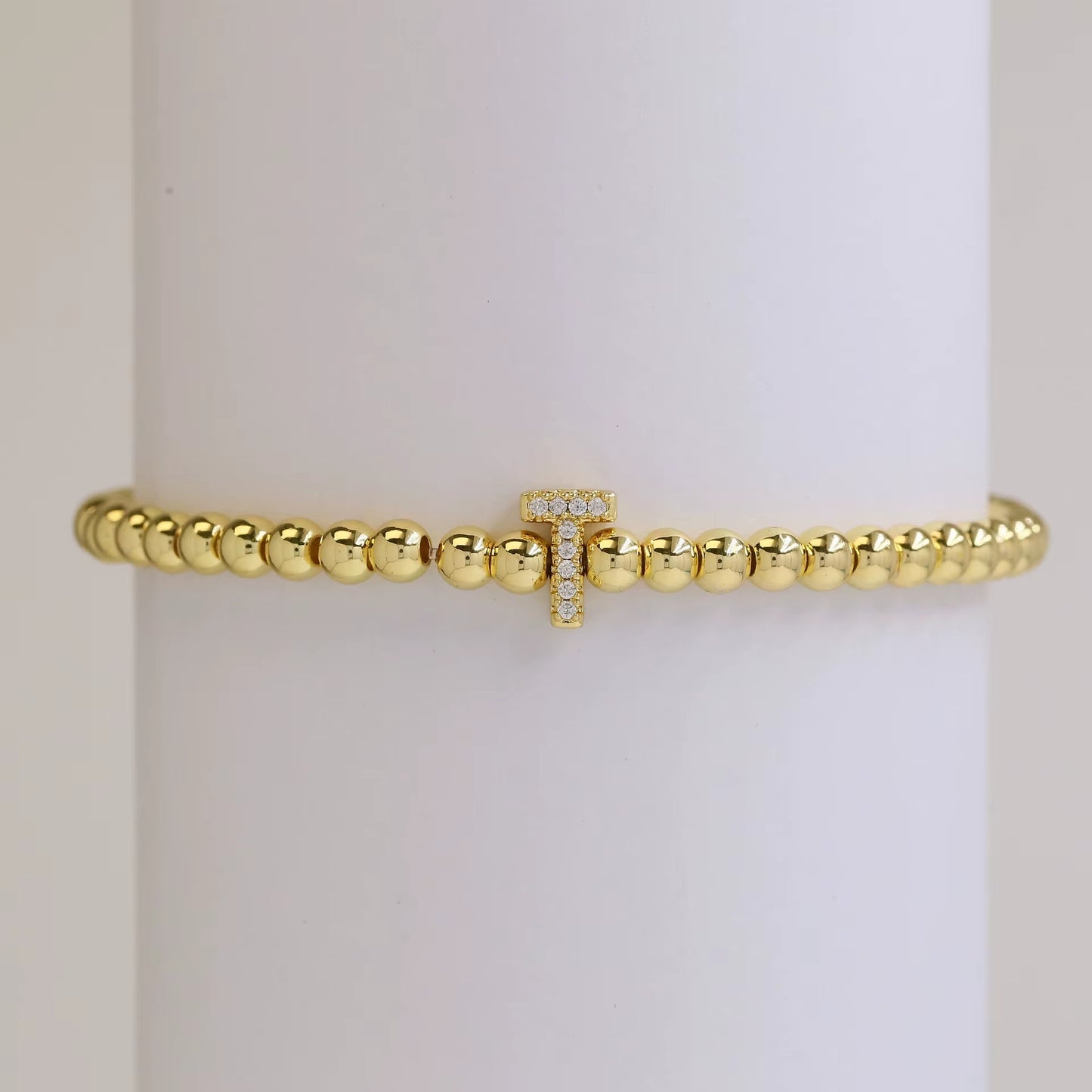 Alphabet Letter Pave Gold Bead Bracelet