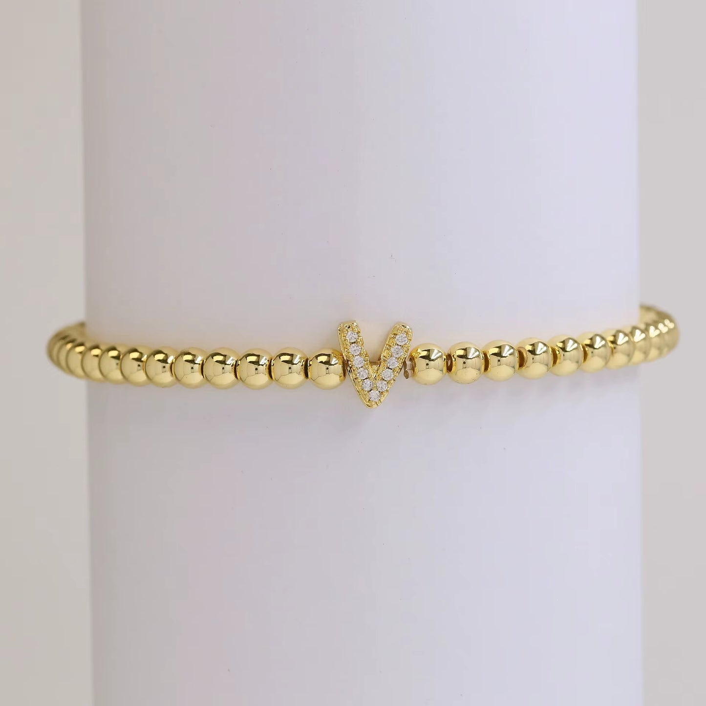 Alphabet Letter Pave Gold Bead Bracelet