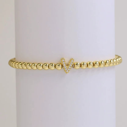 Alphabet Letter Pave Gold Bead Bracelet