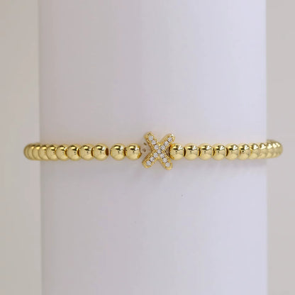 Alphabet Letter Pave Gold Bead Bracelet