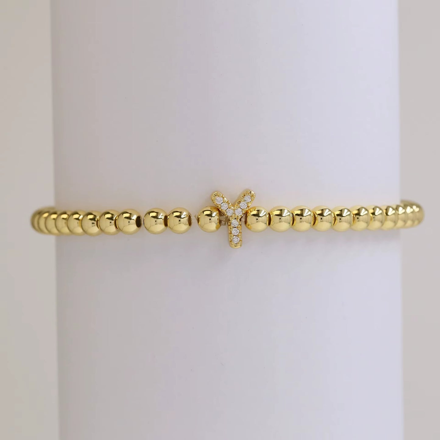 Alphabet Letter Pave Gold Bead Bracelet