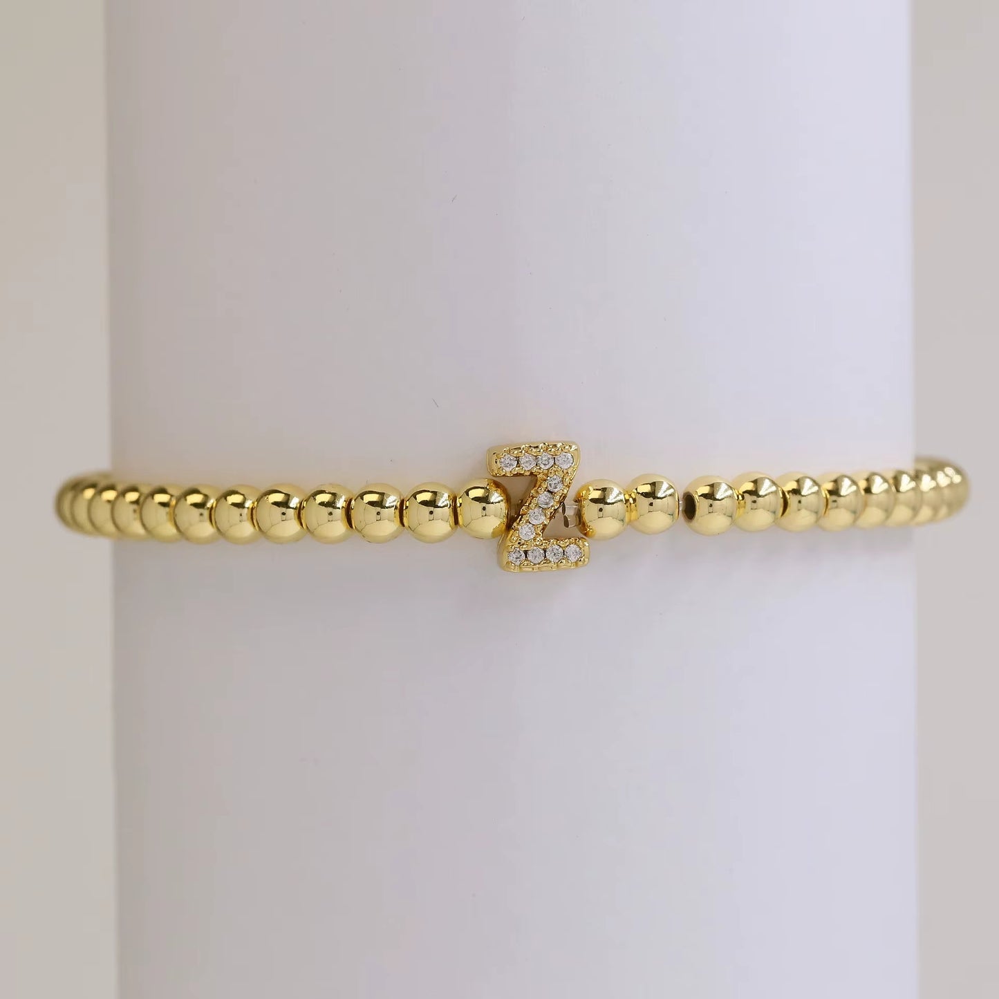 Alphabet Letter Pave Gold Bead Bracelet